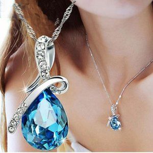 Silver Aqua Blue Teardrop Pendant Necklace
